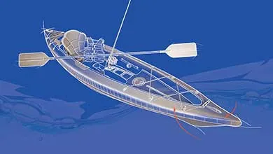 Blueprint illustration of a transparent, single-person kayak on water, showing its internal structure, seat, and paddle
