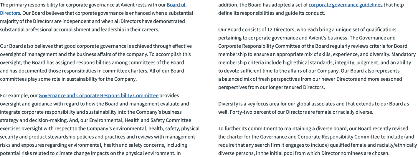 The primary responsibility for corporate governance at Avient rests with our Board of Directors. Our Board believes t...